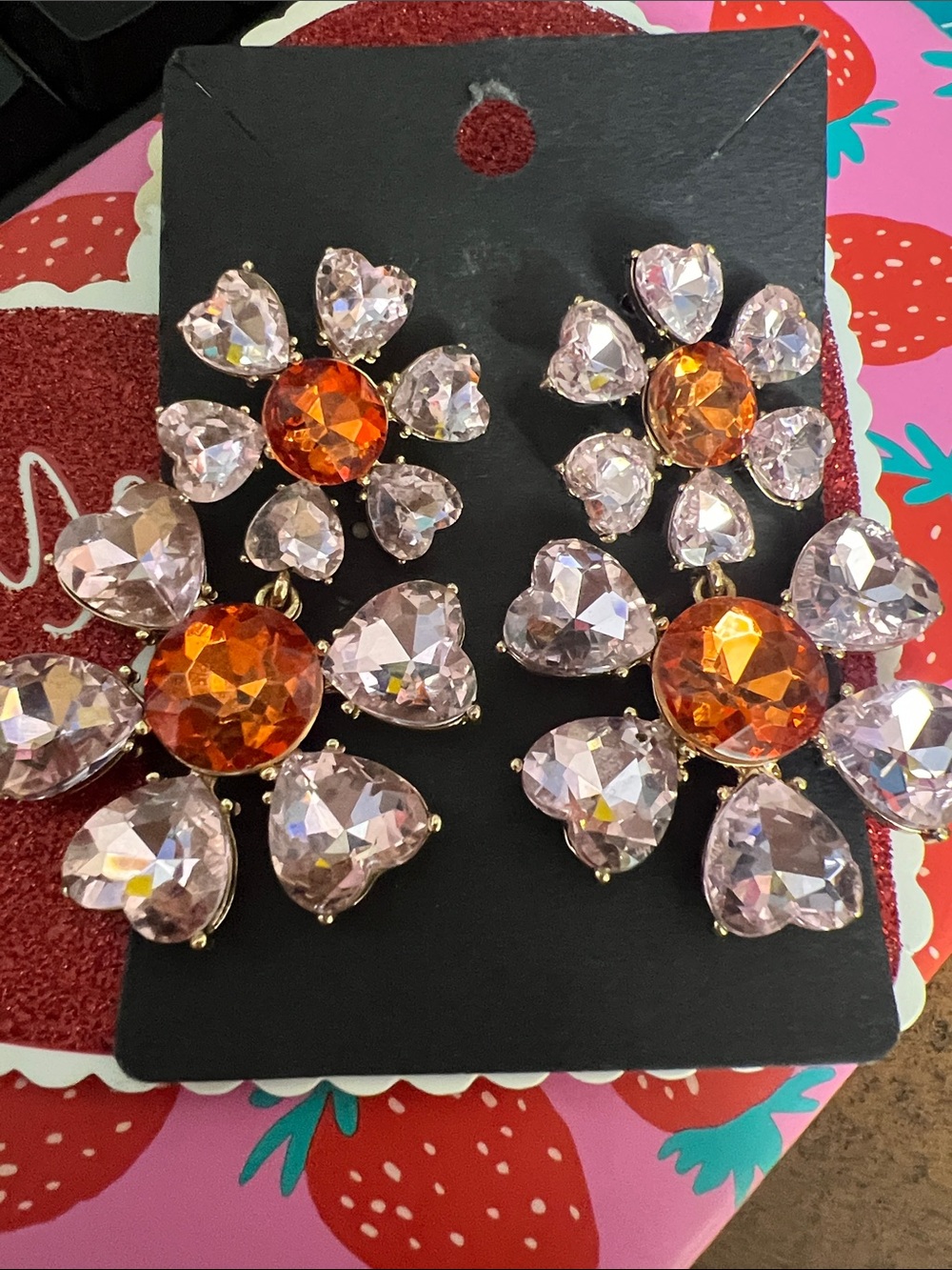 Source Unknown Pink and Orange Floral Crystal Drop Earrings
